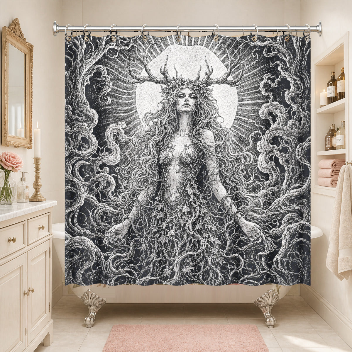 Vintage Woodcut Mystic Animal Shower Curtain Black White Waterproof Decor