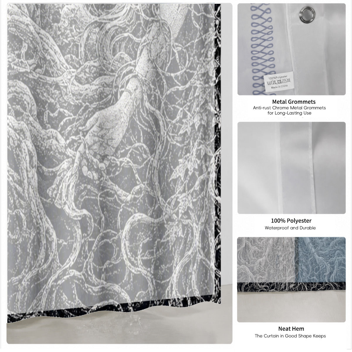Vintage Woodcut Mystic Animal Shower Curtain Black White Waterproof Decor