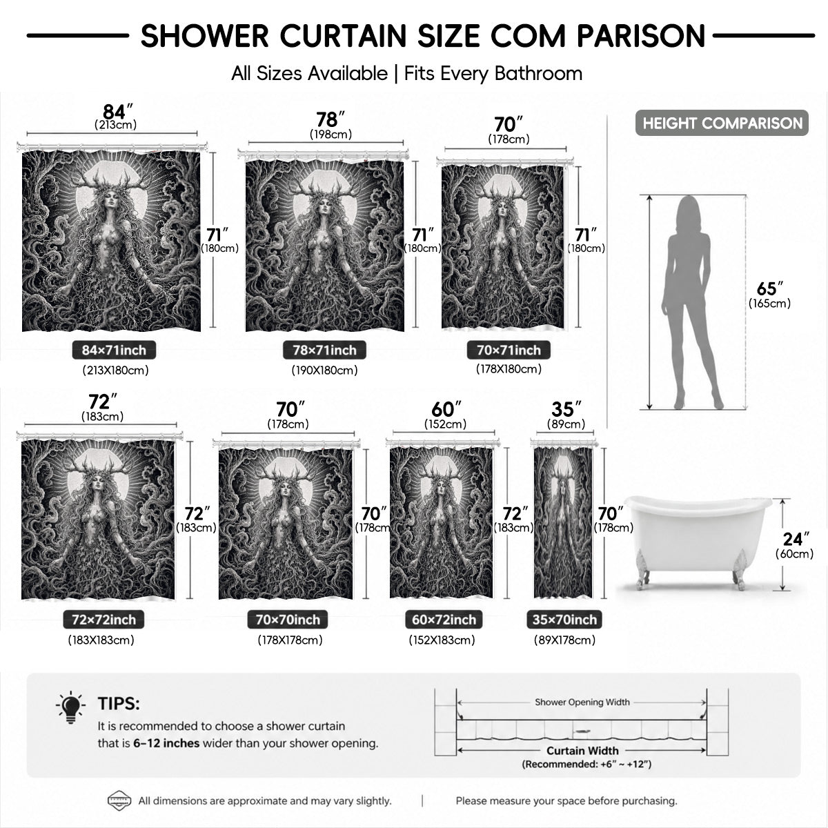 Vintage Woodcut Mystic Animal Shower Curtain Black White Waterproof Decor