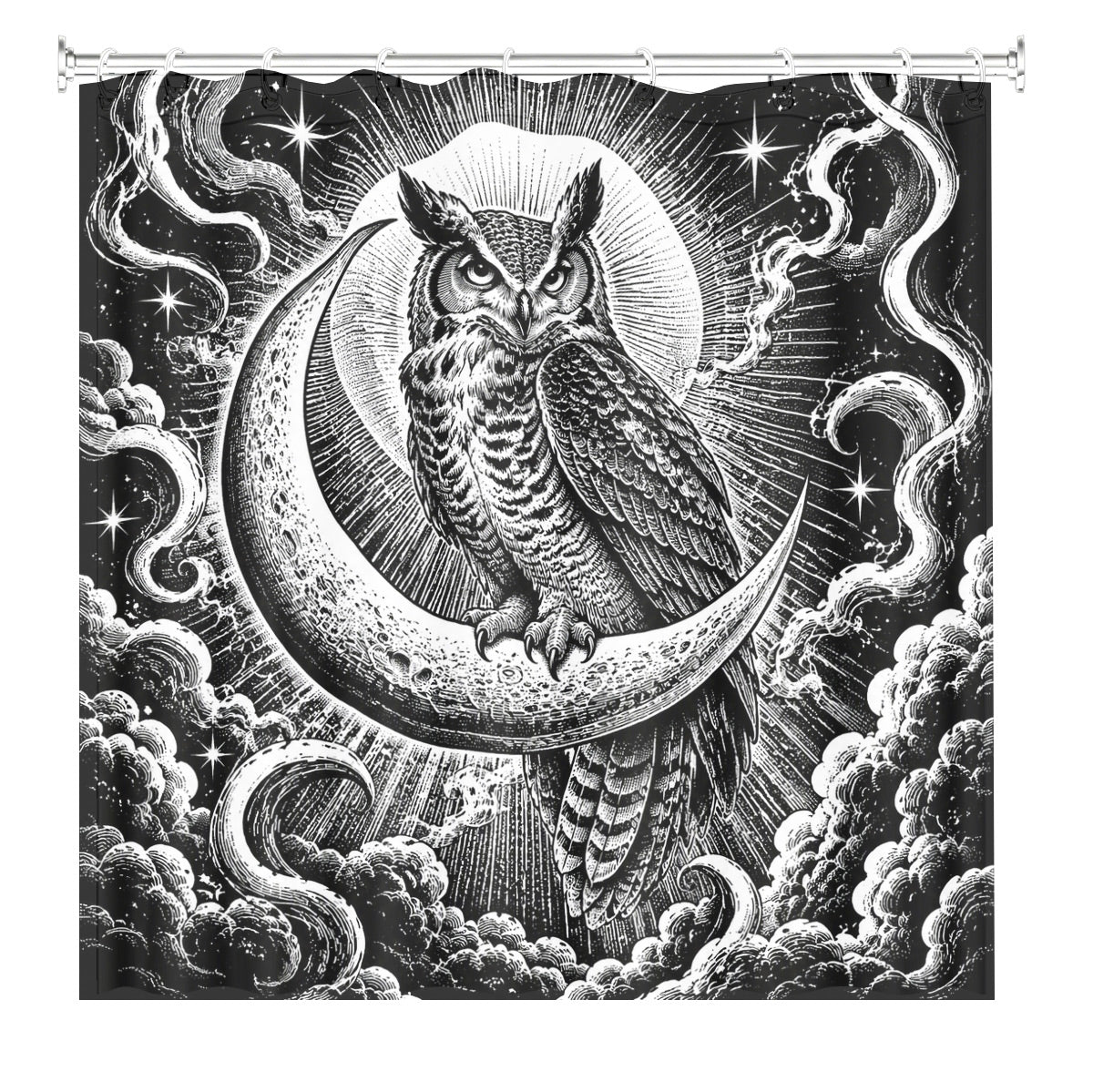 Vintage Woodcut Mystic Animal Shower Curtain Black White Waterproof Decor