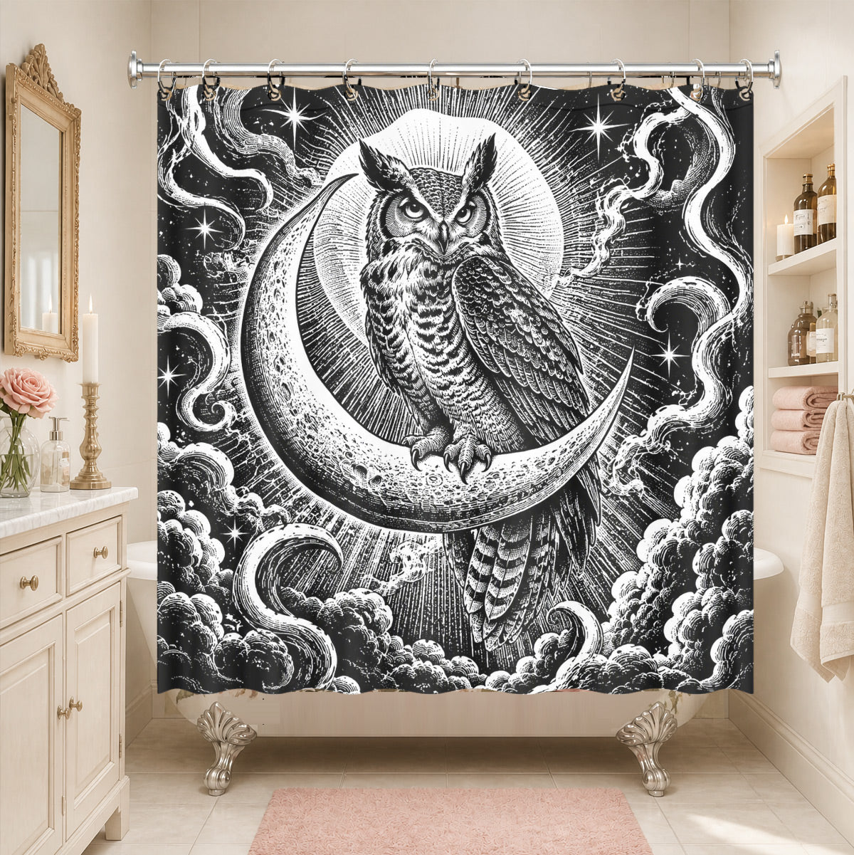Vintage Woodcut Mystic Animal Shower Curtain Black White Waterproof Decor