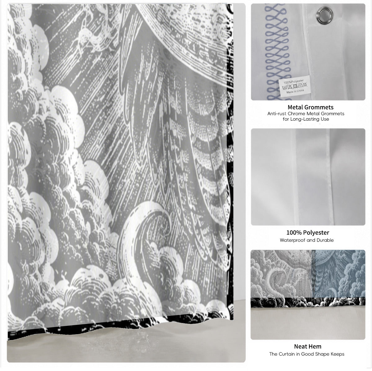 Vintage Woodcut Mystic Animal Shower Curtain Black White Waterproof Decor