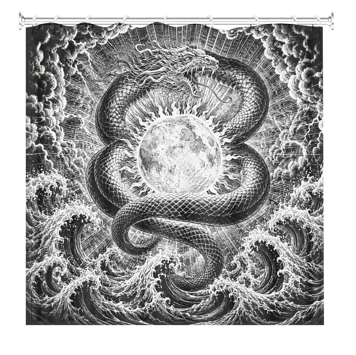 Vintage Woodcut Mystic Animal Shower Curtain Black White Waterproof Decor