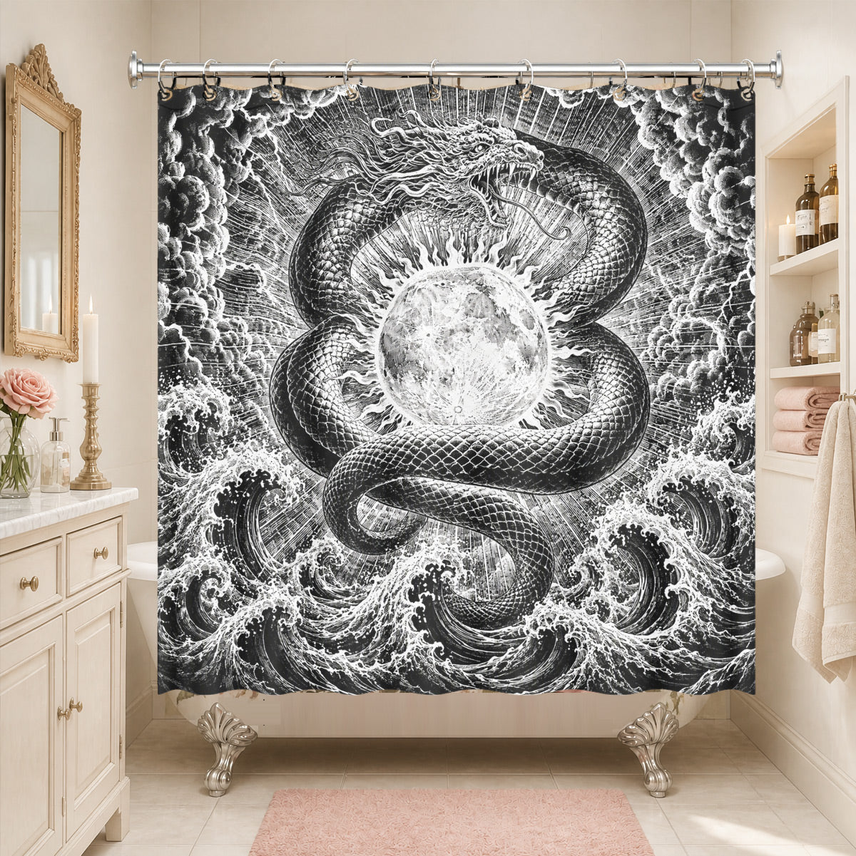 Vintage Woodcut Mystic Animal Shower Curtain Black White Waterproof Decor