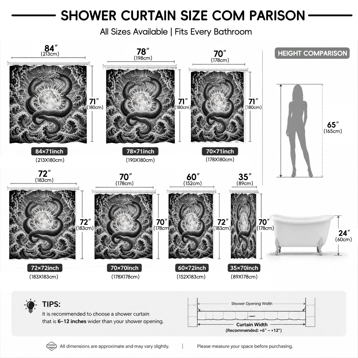 Vintage Woodcut Mystic Animal Shower Curtain Black White Waterproof Decor