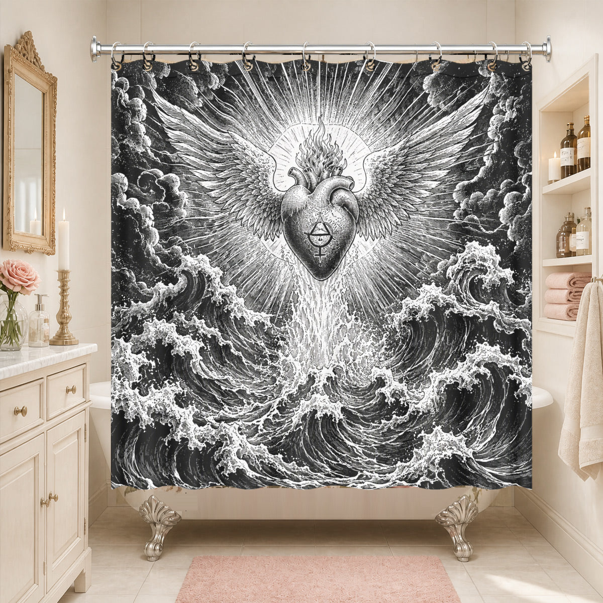 Vintage Woodcut Mystic Animal Shower Curtain Black White Waterproof Decor