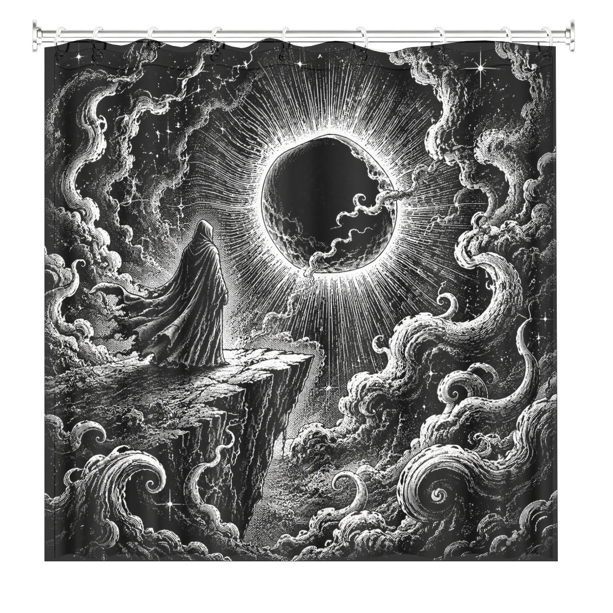 Vintage Woodcut Mystic Animal Shower Curtain Black White Waterproof Decor