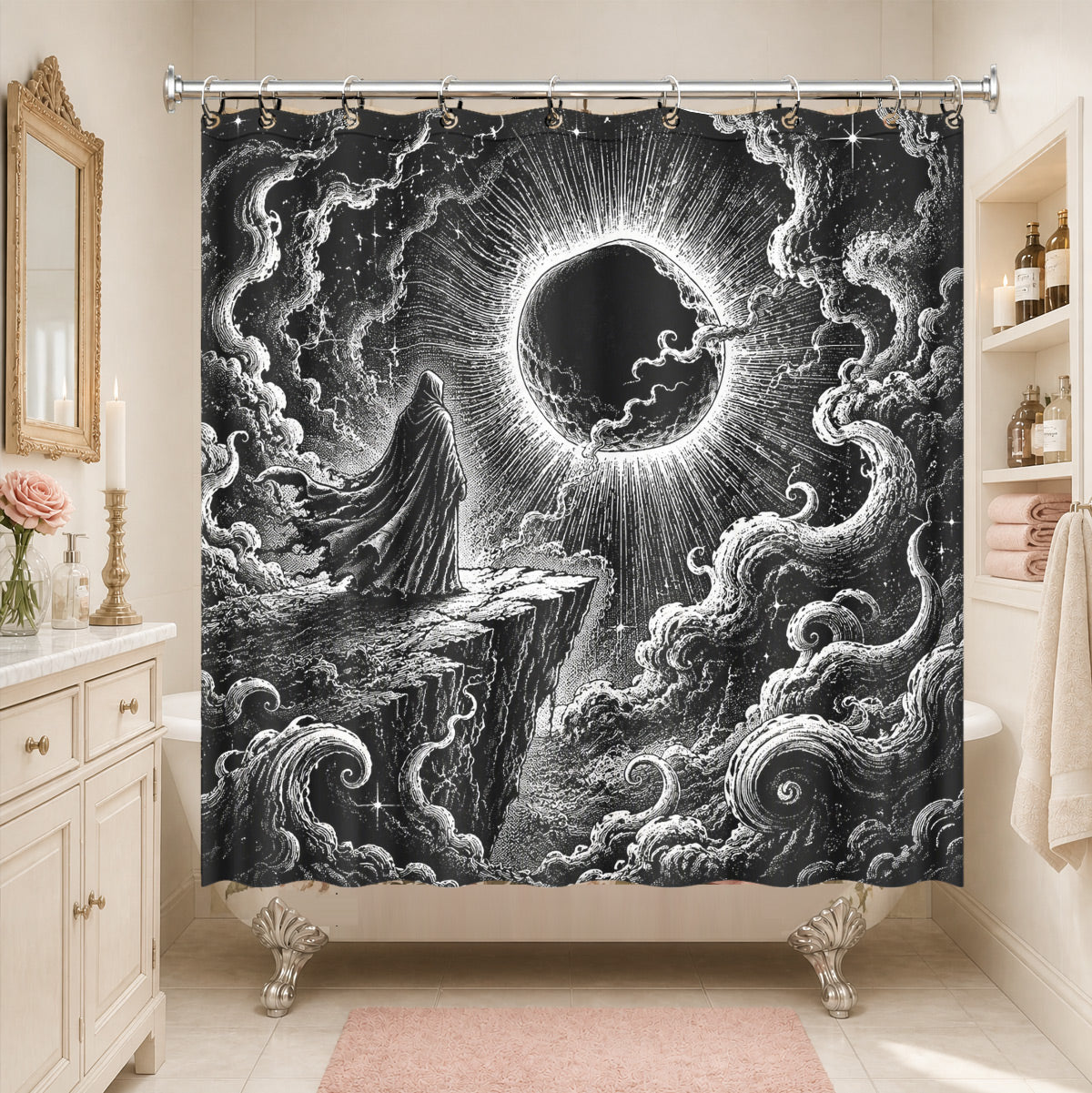 Vintage Woodcut Mystic Animal Shower Curtain Black White Waterproof Decor