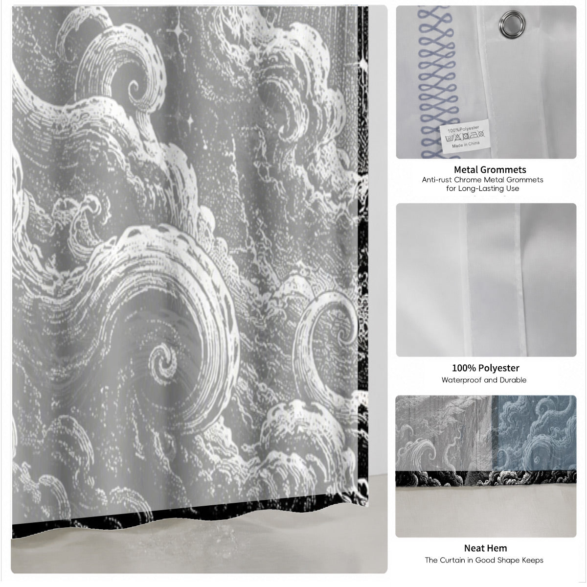 Vintage Woodcut Mystic Animal Shower Curtain Black White Waterproof Decor