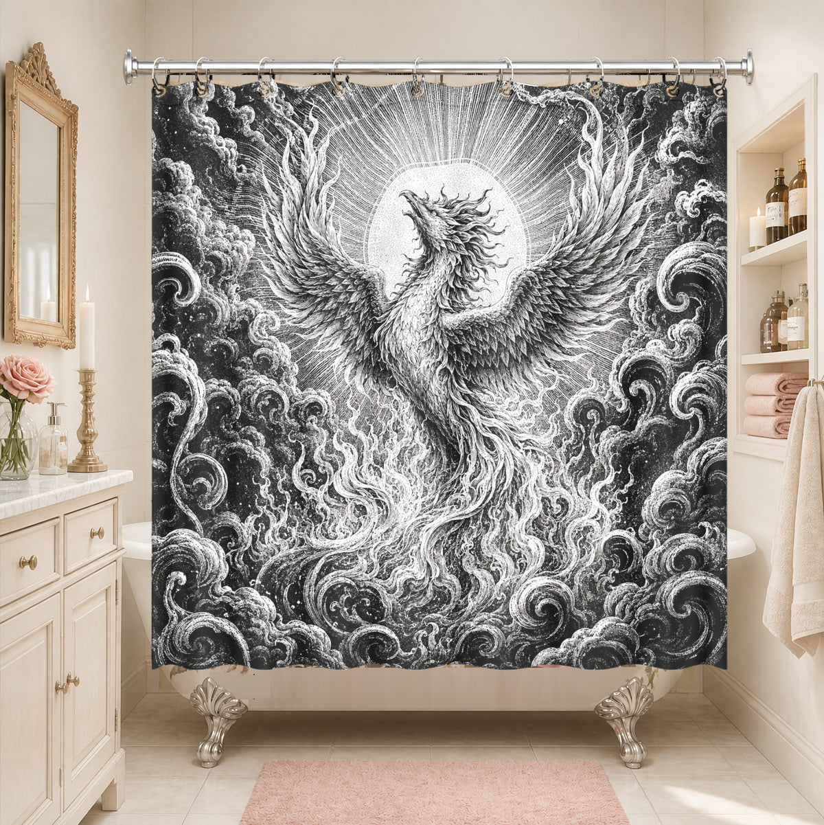 Vintage Woodcut Mystic Animal Shower Curtain Black White Waterproof Decor