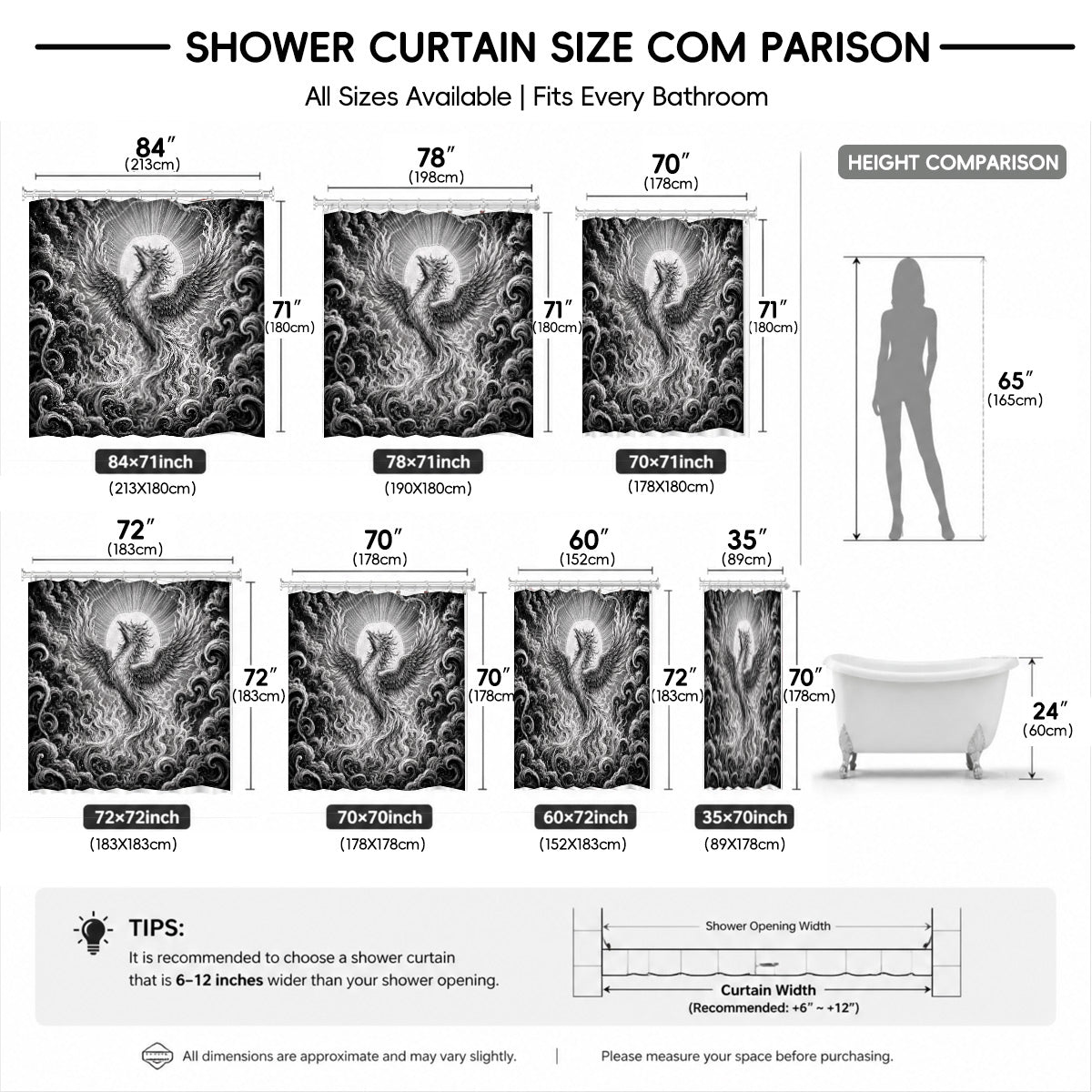 Vintage Woodcut Mystic Animal Shower Curtain Black White Waterproof Decor