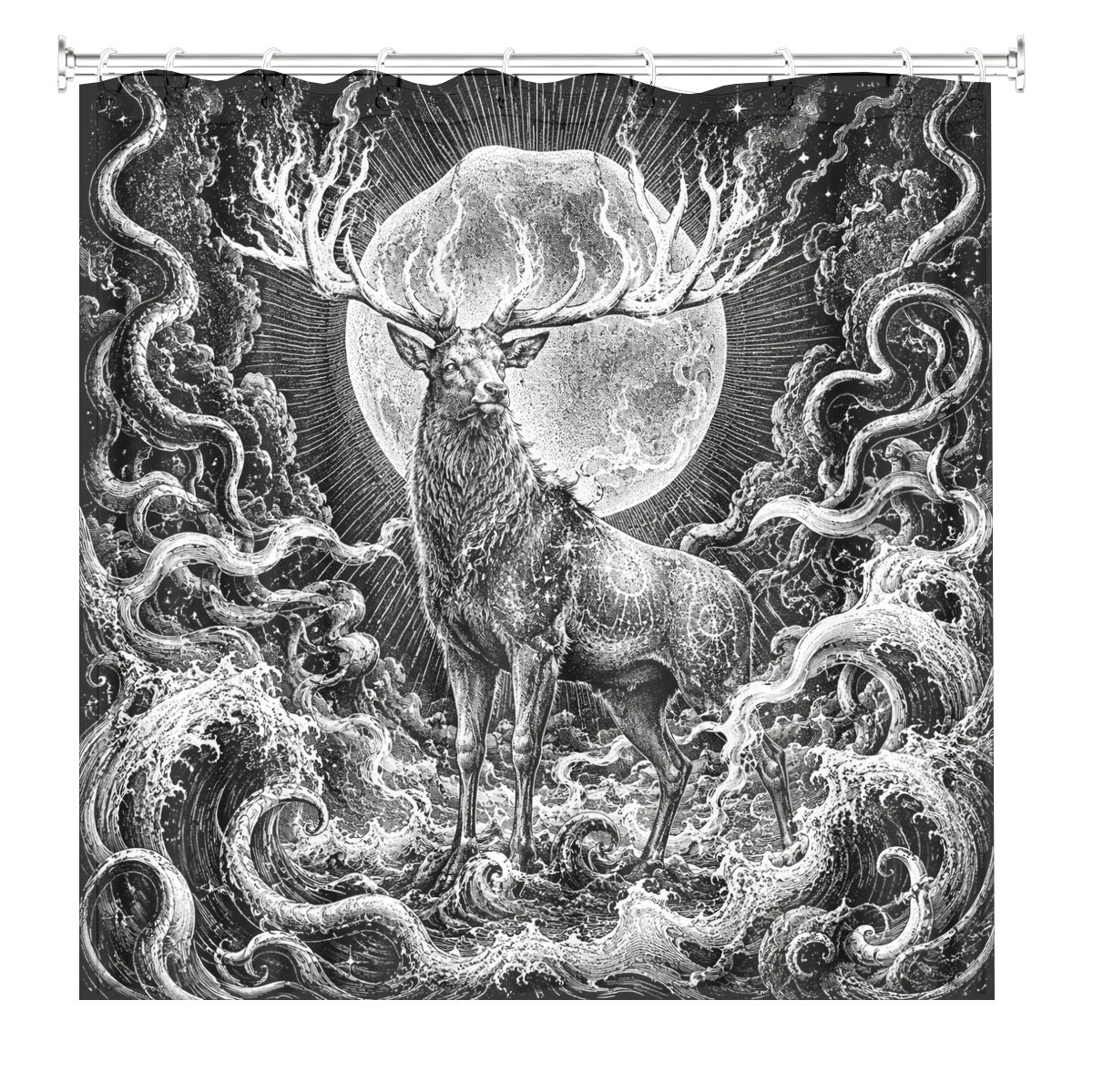 Vintage Woodcut Mystic Animal Shower Curtain Black White Waterproof Decor
