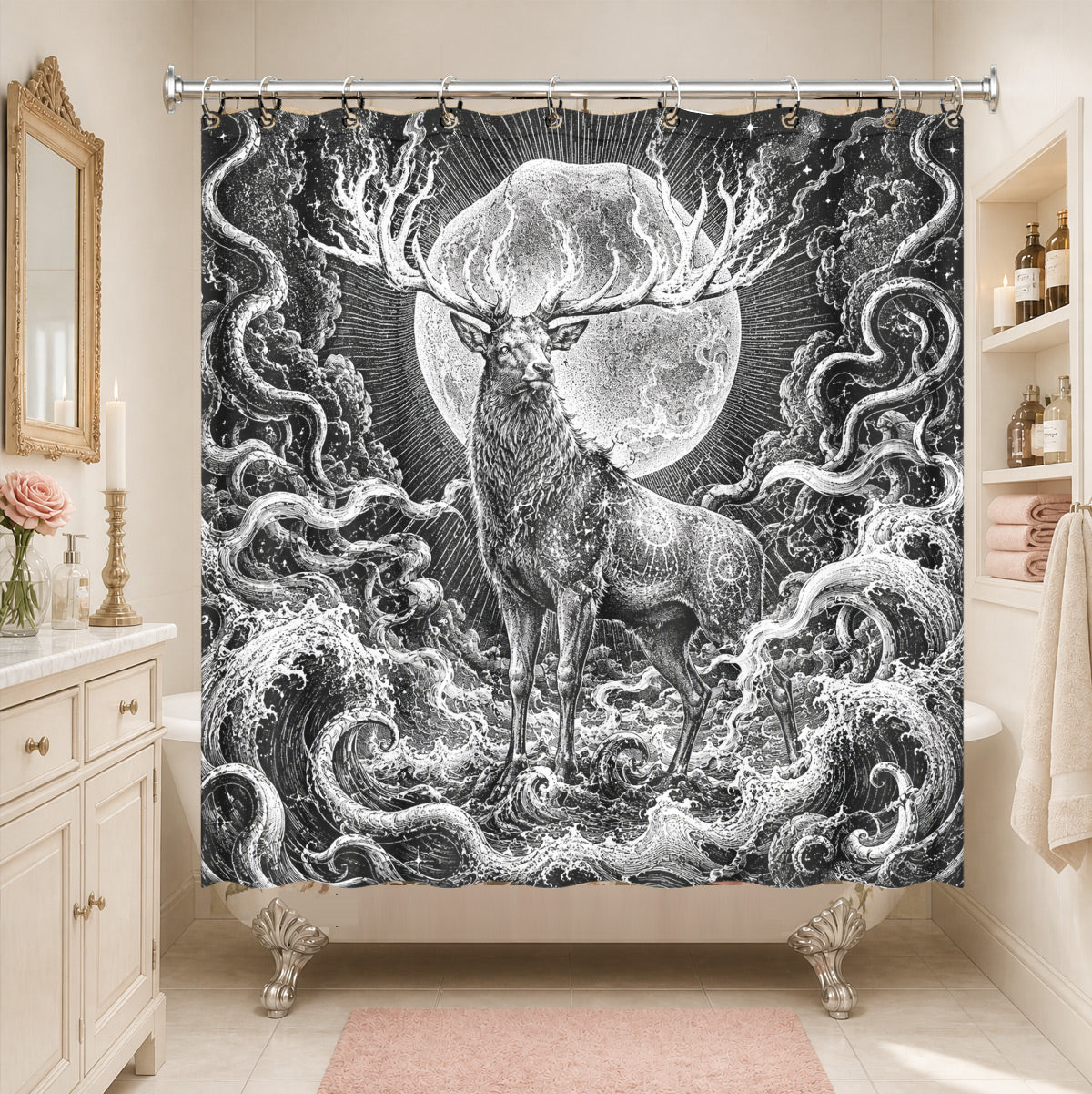 Vintage Woodcut Mystic Animal Shower Curtain Black White Waterproof Decor
