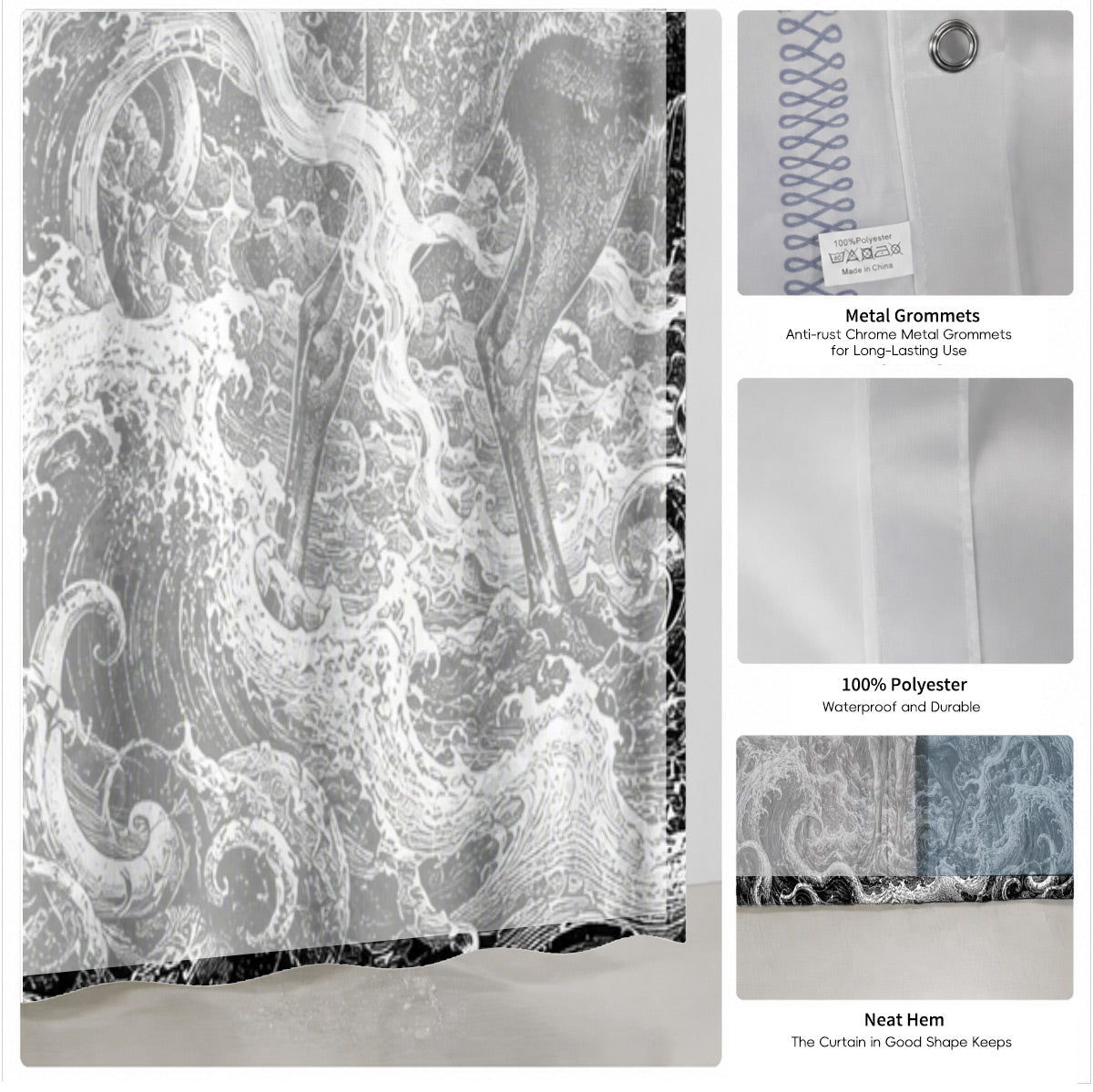Vintage Woodcut Mystic Animal Shower Curtain Black White Waterproof Decor