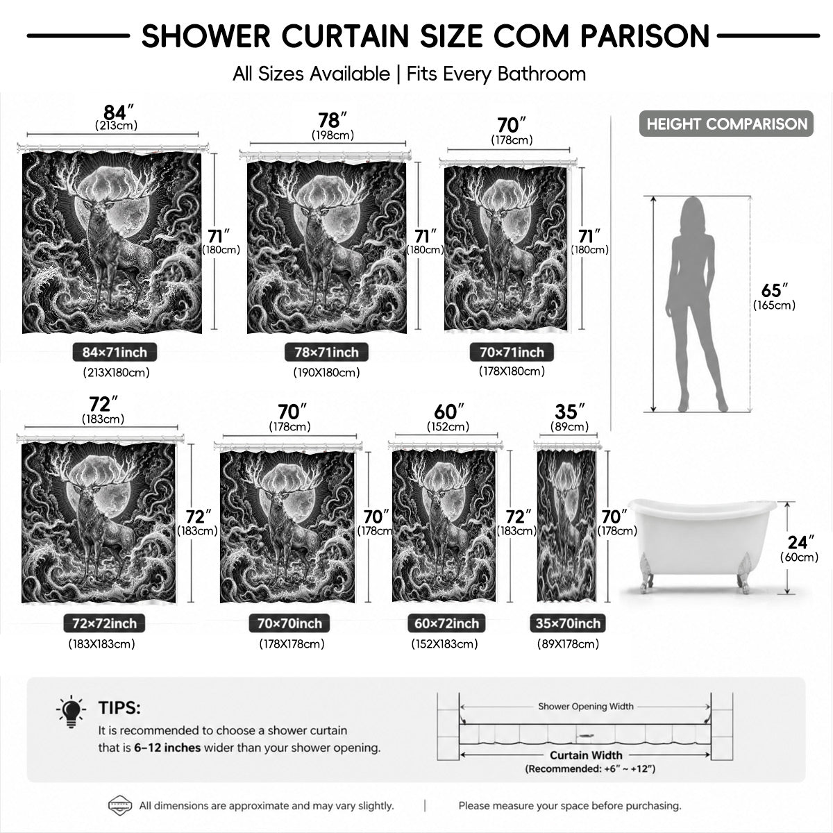 Vintage Woodcut Mystic Animal Shower Curtain Black White Waterproof Decor