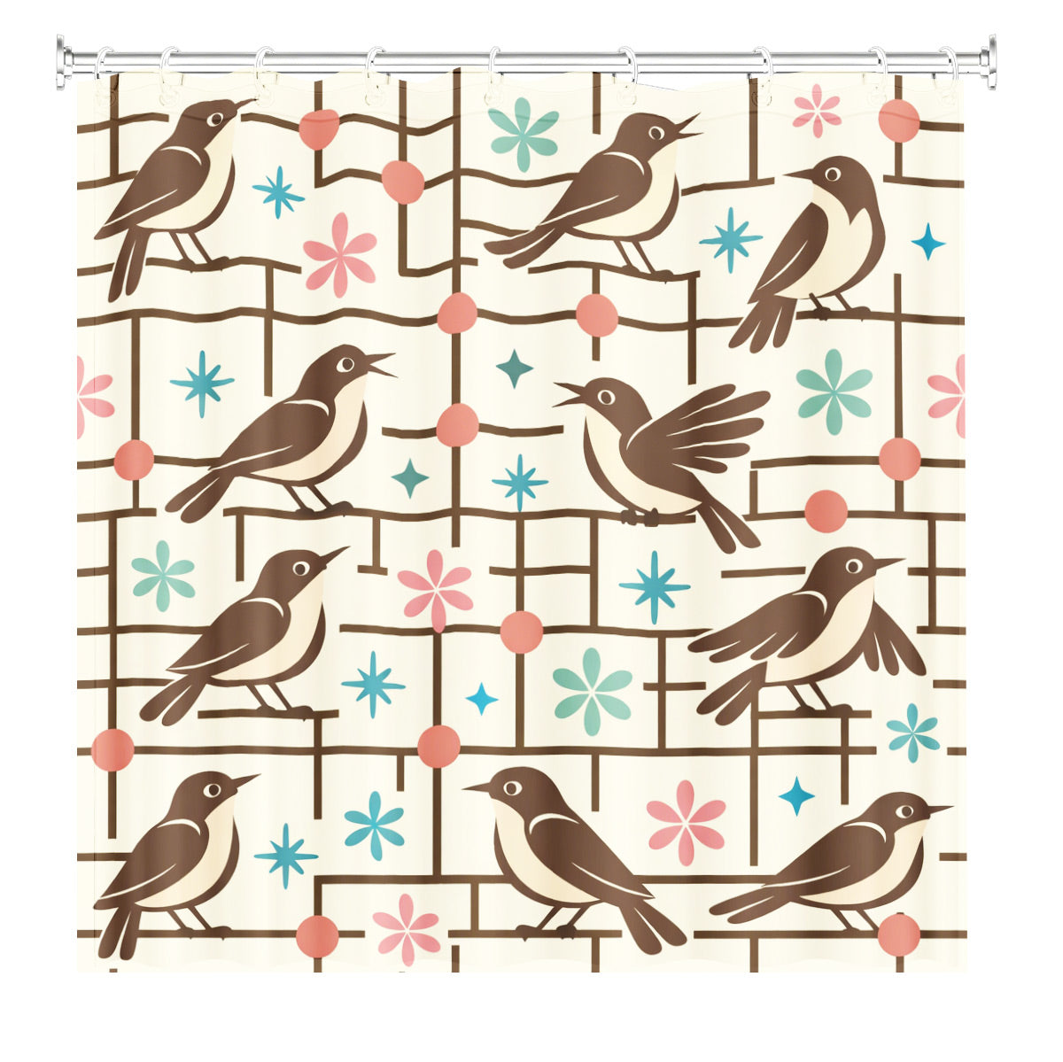 Vintage Geometric Bird Dog Shower Curtain Retro Cartoon Waterproof Bathroom Decor