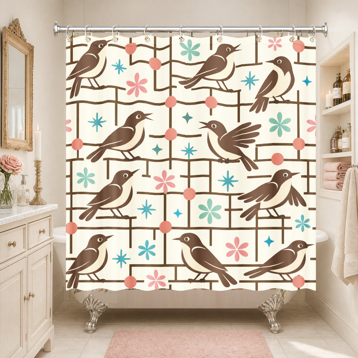 Vintage Geometric Bird Dog Shower Curtain Retro Cartoon Waterproof Bathroom Decor