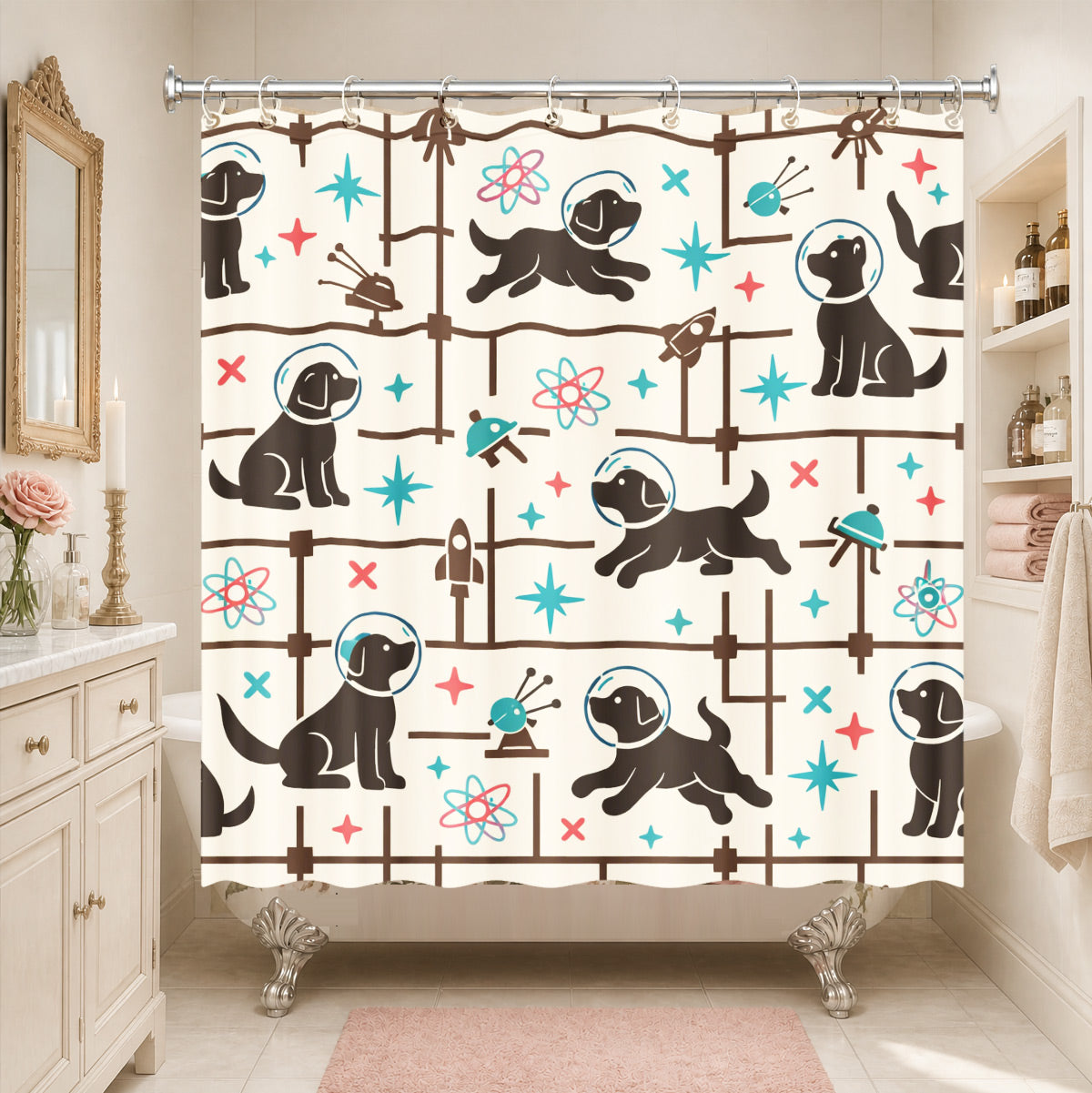 Vintage Geometric Bird Dog Shower Curtain Retro Cartoon Waterproof Bathroom Decor