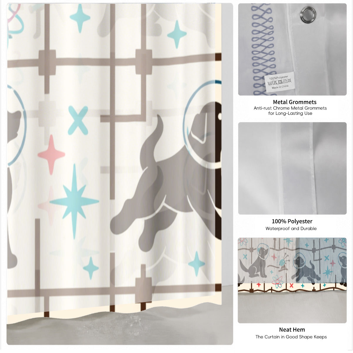 Vintage Geometric Bird Dog Shower Curtain Retro Cartoon Waterproof Bathroom Decor