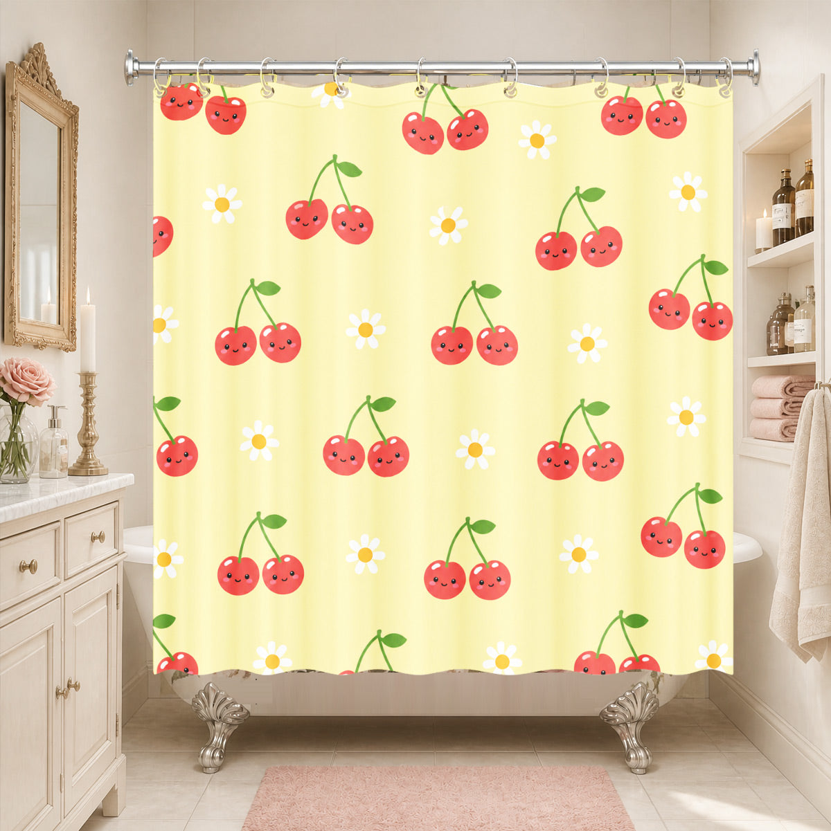 Cute Fruit Floral Shower Curtain Kawaii Pastel Waterproof Kids Decor
