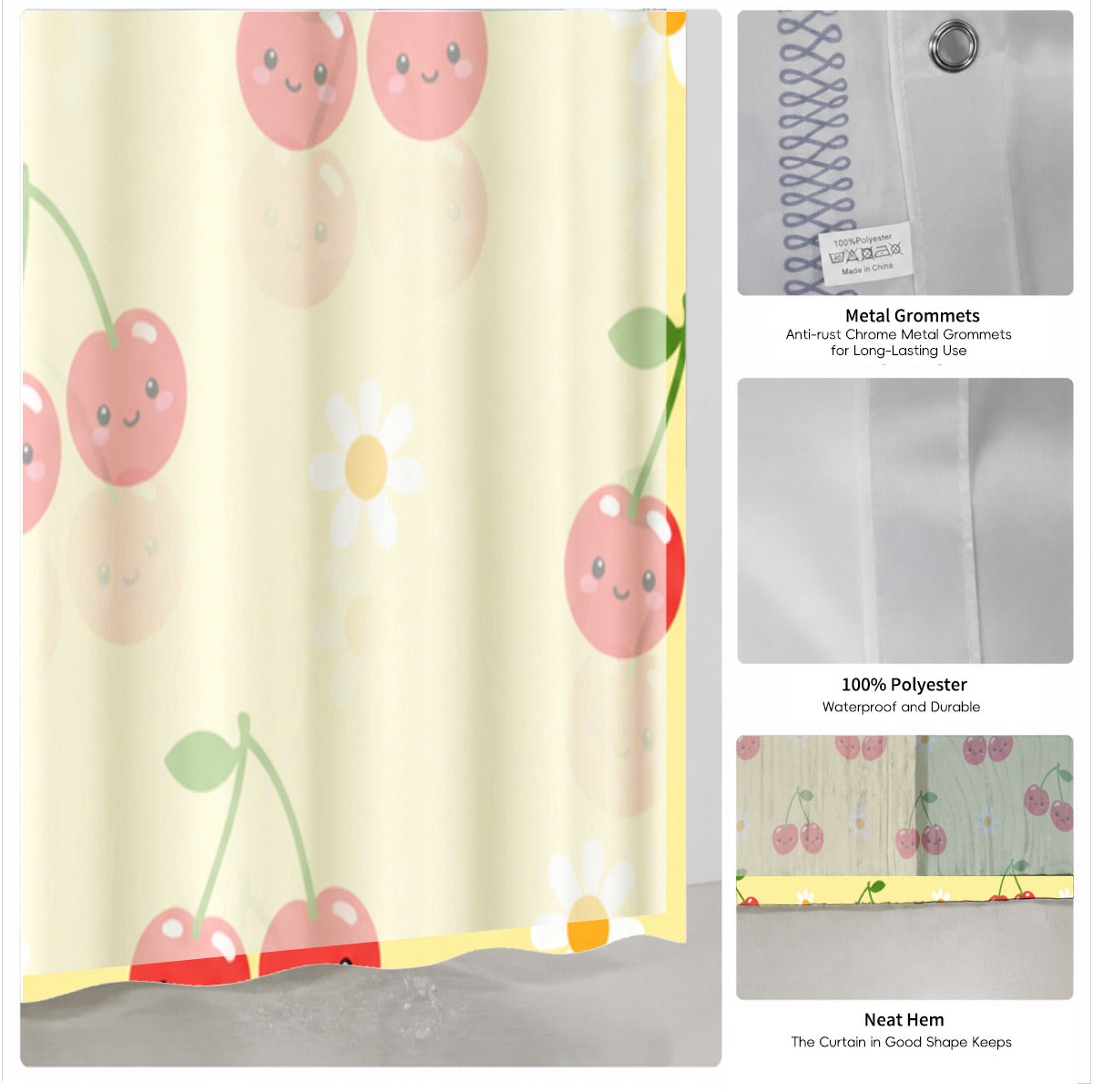 Cute Fruit Floral Shower Curtain Kawaii Pastel Waterproof Kids Decor