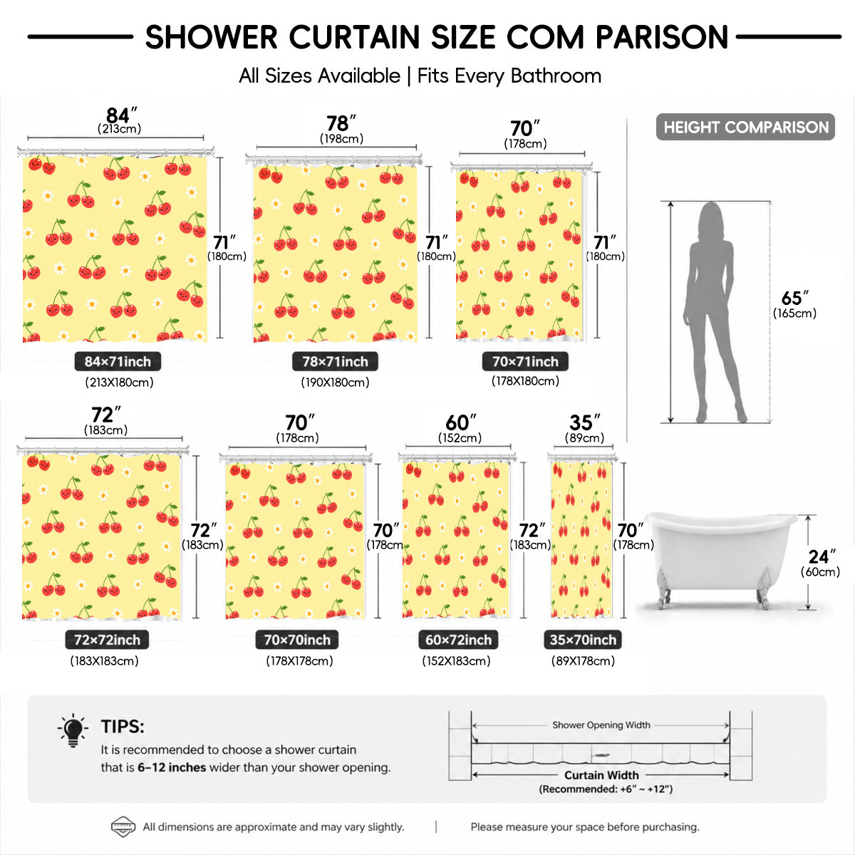 Cute Fruit Floral Shower Curtain Kawaii Pastel Waterproof Kids Decor