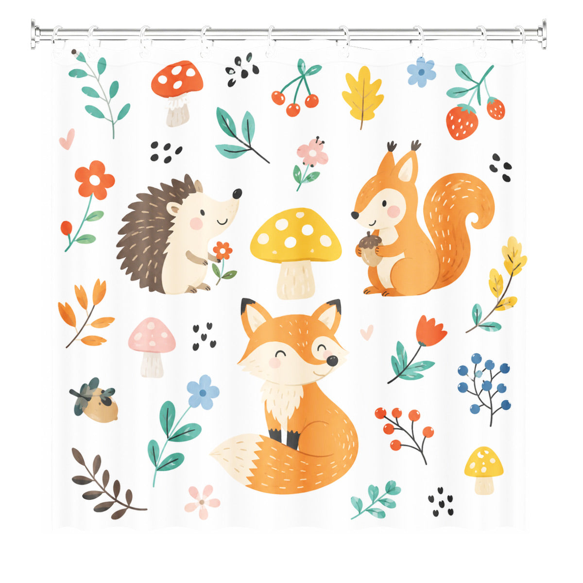Cute Woodland Animal Shower Curtain Kawaii Kids Waterproof Bath Decor