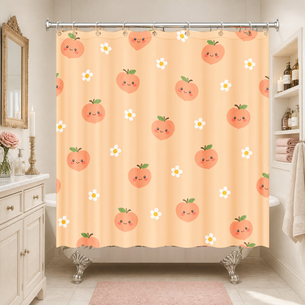 Cute Fruit Floral Shower Curtain Kawaii Pastel Waterproof Kids Decor