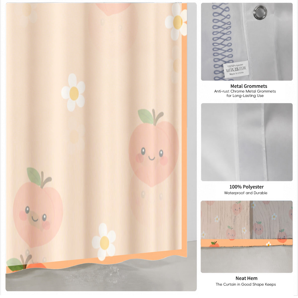 Cute Fruit Floral Shower Curtain Kawaii Pastel Waterproof Kids Decor