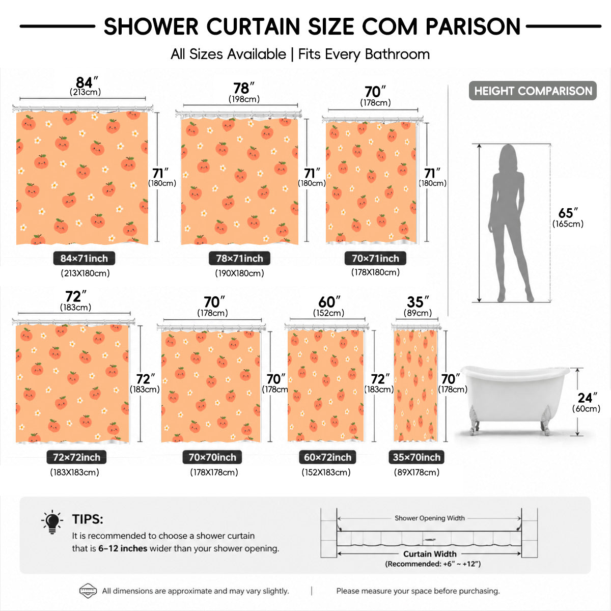 Cute Fruit Floral Shower Curtain Kawaii Pastel Waterproof Kids Decor