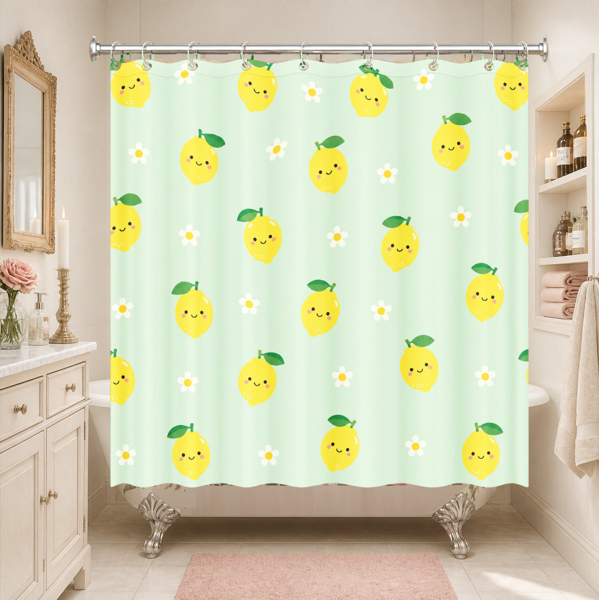 Cute Fruit Floral Shower Curtain Kawaii Pastel Waterproof Kids Decor