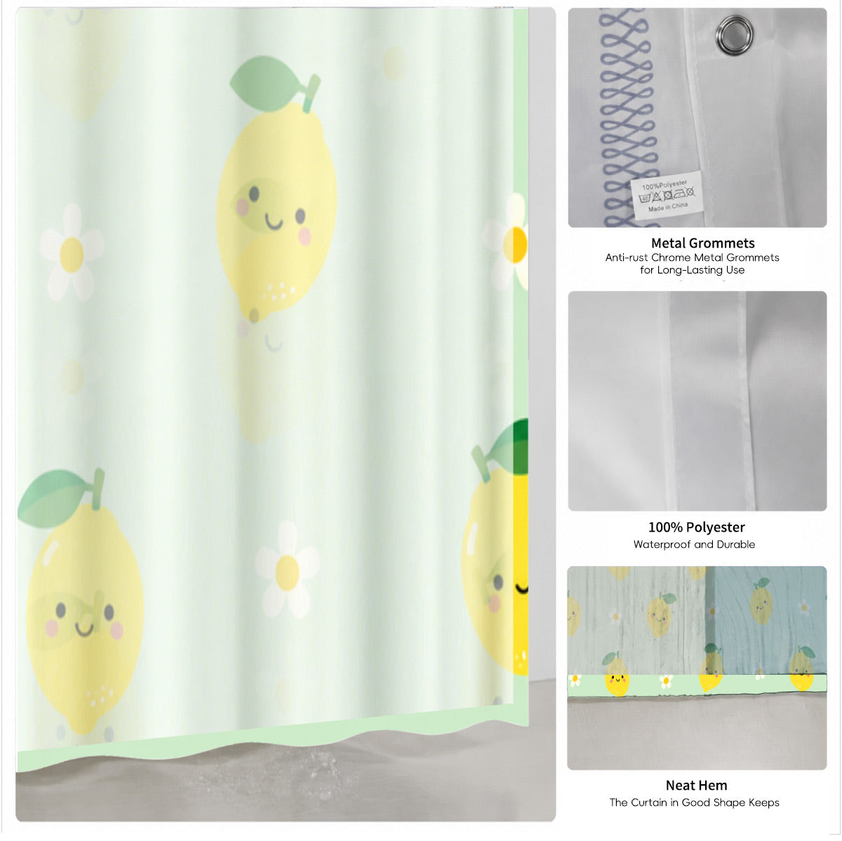 Cute Fruit Floral Shower Curtain Kawaii Pastel Waterproof Kids Decor