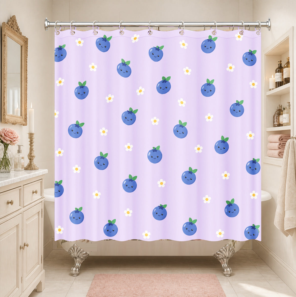 Cute Fruit Floral Shower Curtain Kawaii Pastel Waterproof Kids Decor