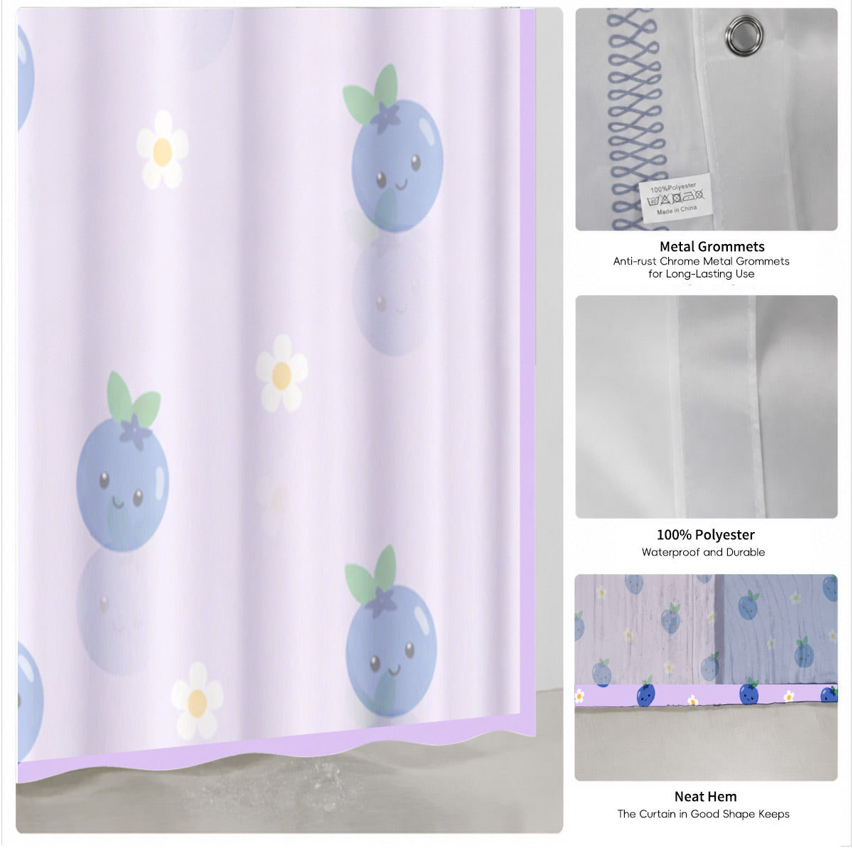 Cute Fruit Floral Shower Curtain Kawaii Pastel Waterproof Kids Decor