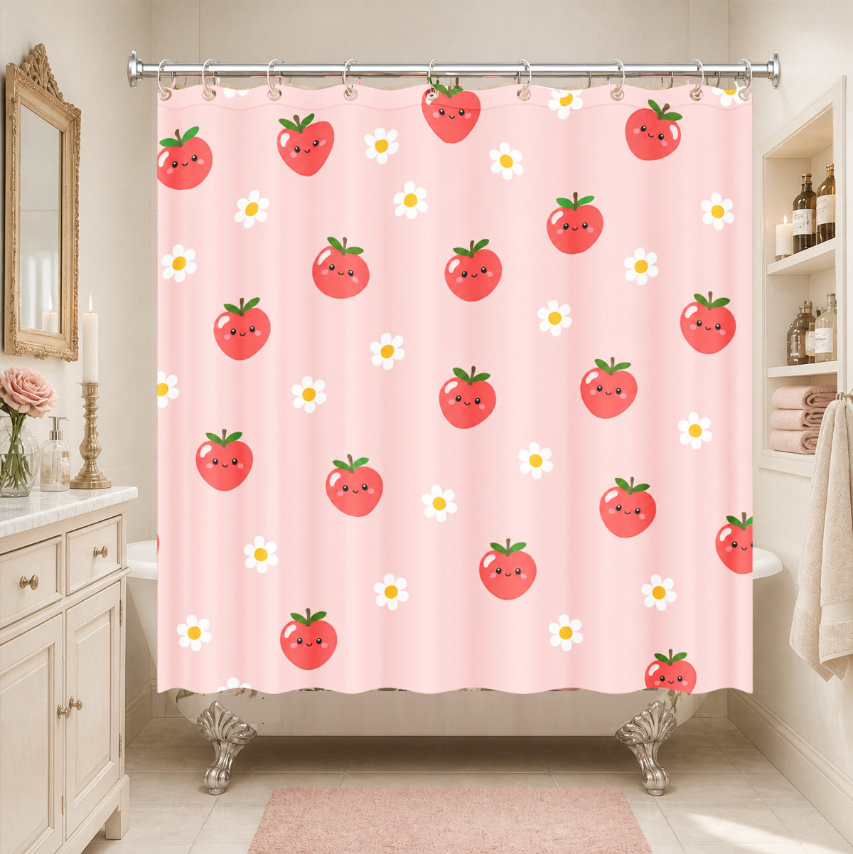 Cute Fruit Floral Shower Curtain Kawaii Pastel Waterproof Kids Decor