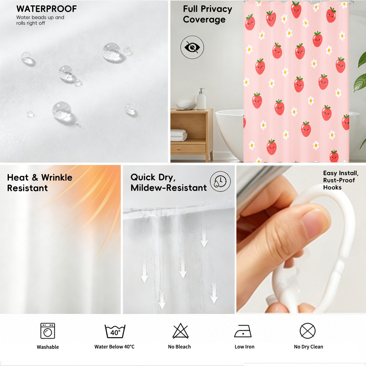 Cute Fruit Floral Shower Curtain Kawaii Pastel Waterproof Kids Decor