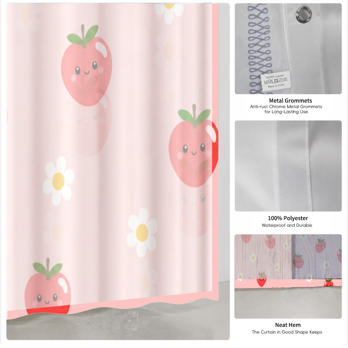 Cute Fruit Floral Shower Curtain Kawaii Pastel Waterproof Kids Decor