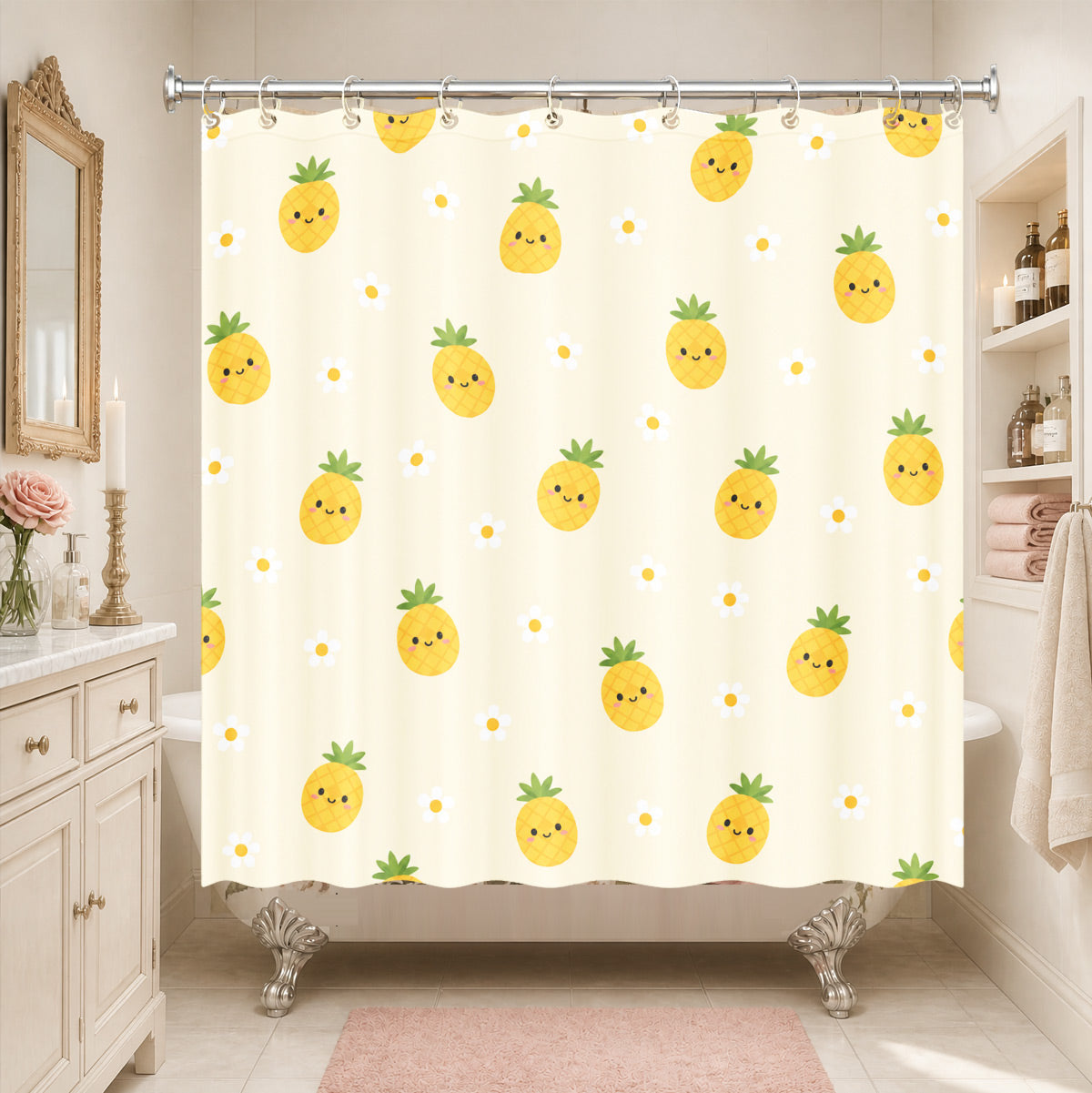 Cute Fruit Floral Shower Curtain Kawaii Pastel Waterproof Kids Decor