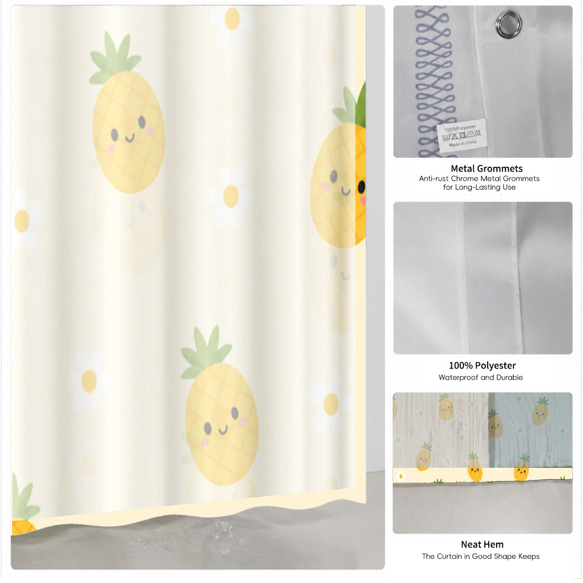 Cute Fruit Floral Shower Curtain Kawaii Pastel Waterproof Kids Decor