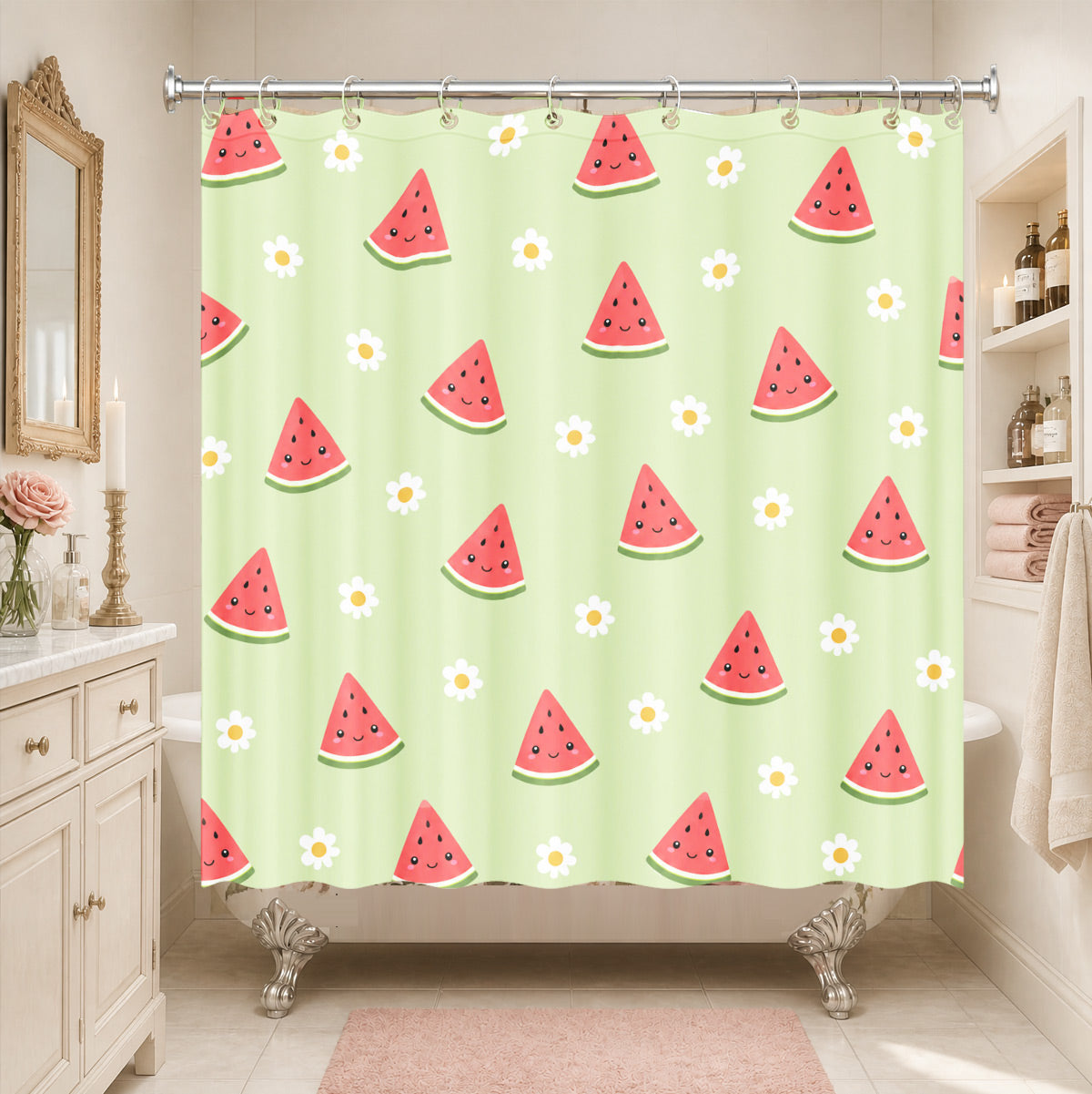 Cute Fruit Floral Shower Curtain Kawaii Pastel Waterproof Kids Decor