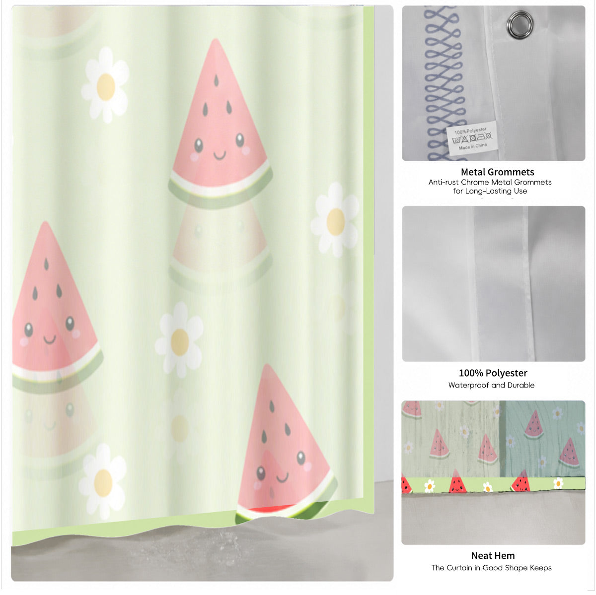 Cute Fruit Floral Shower Curtain Kawaii Pastel Waterproof Kids Decor
