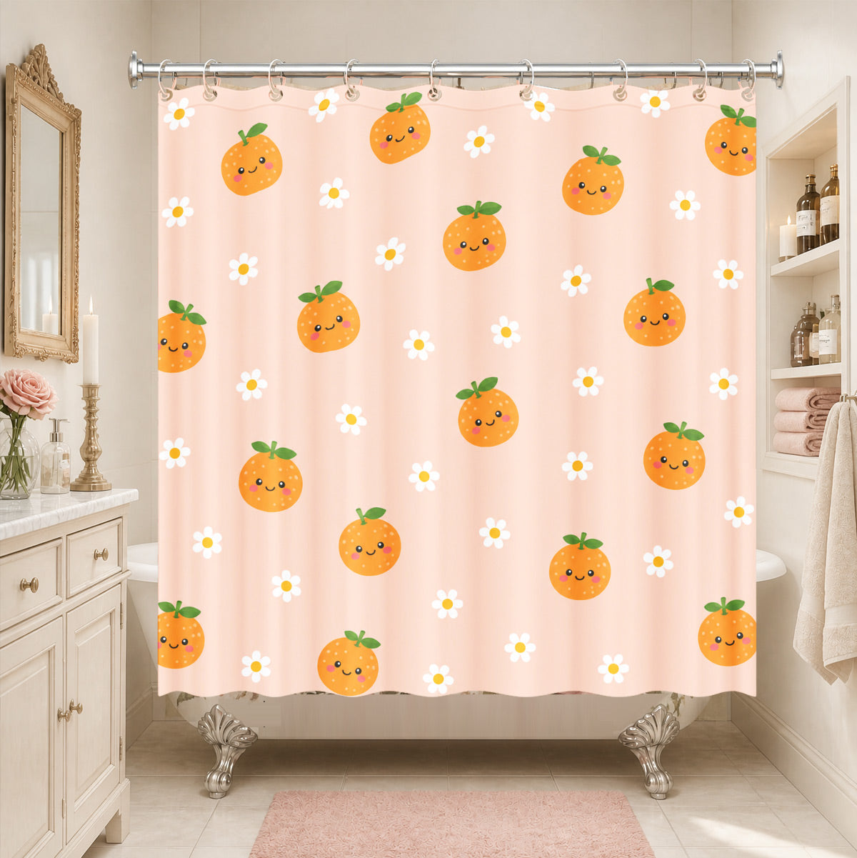 Cute Fruit Floral Shower Curtain Kawaii Pastel Waterproof Kids Decor