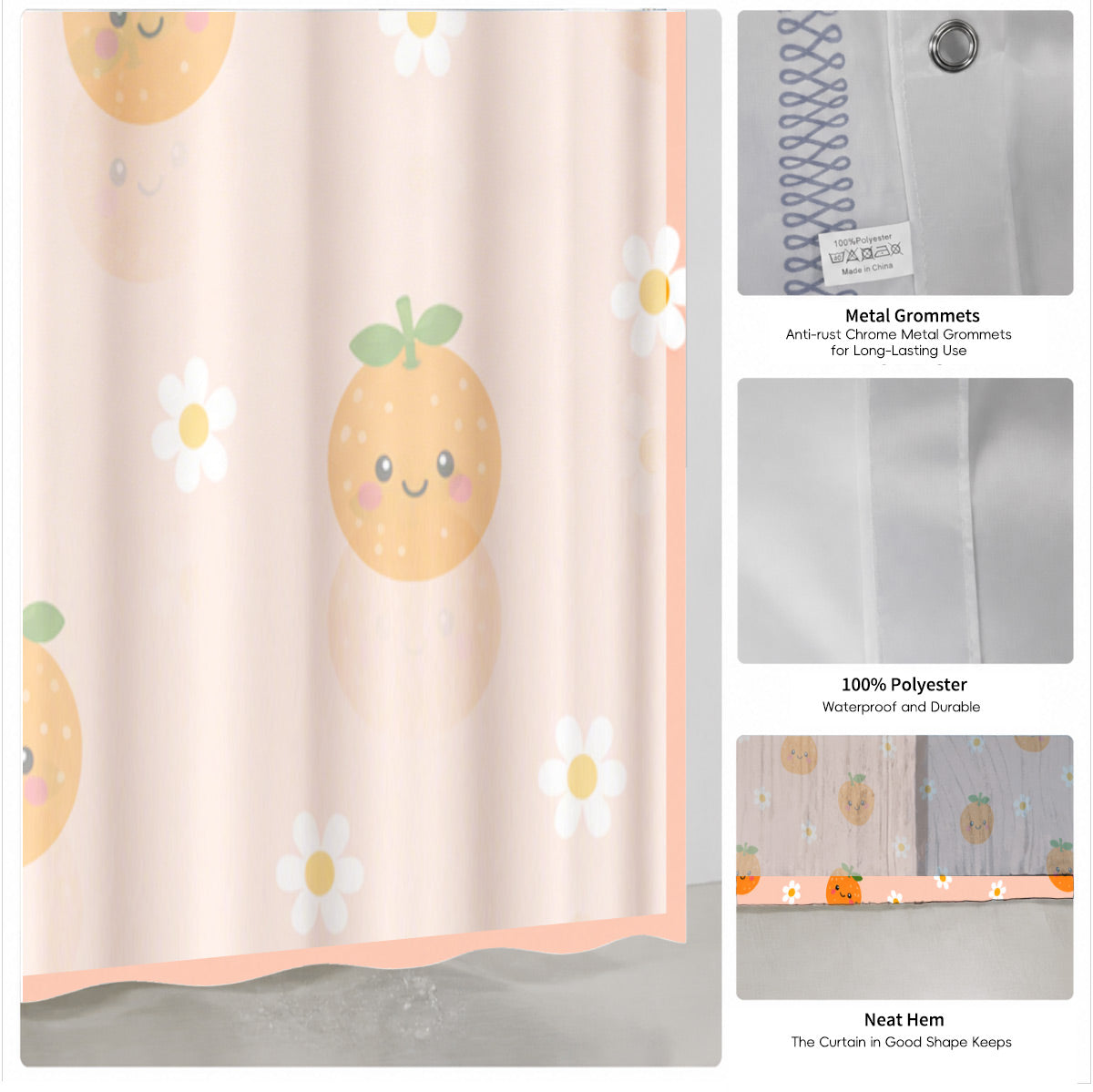 Cute Fruit Floral Shower Curtain Kawaii Pastel Waterproof Kids Decor