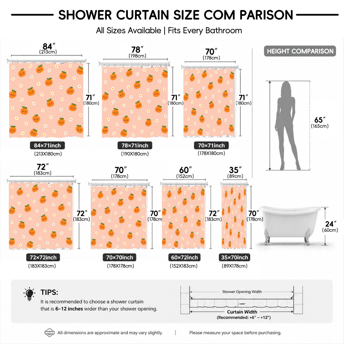Cute Fruit Floral Shower Curtain Kawaii Pastel Waterproof Kids Decor