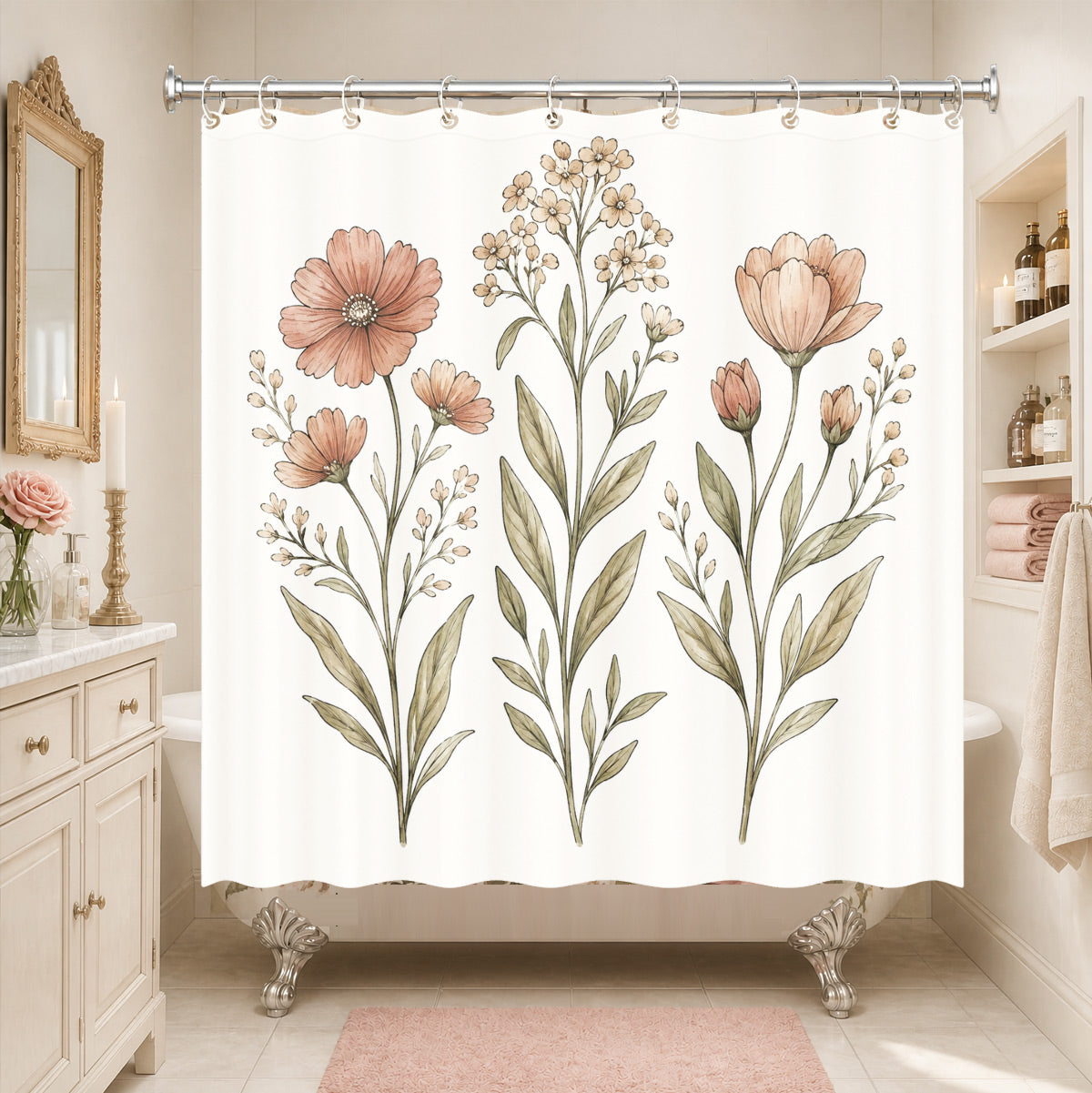 Vintage Botanical Floral Shower Curtain Boho Watercolor Decor