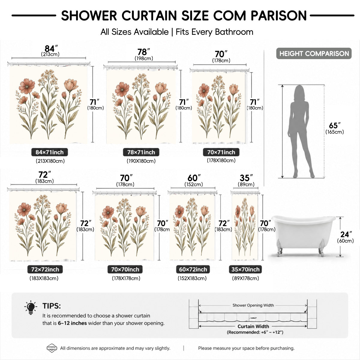 Vintage Botanical Floral Shower Curtain Boho Watercolor Decor