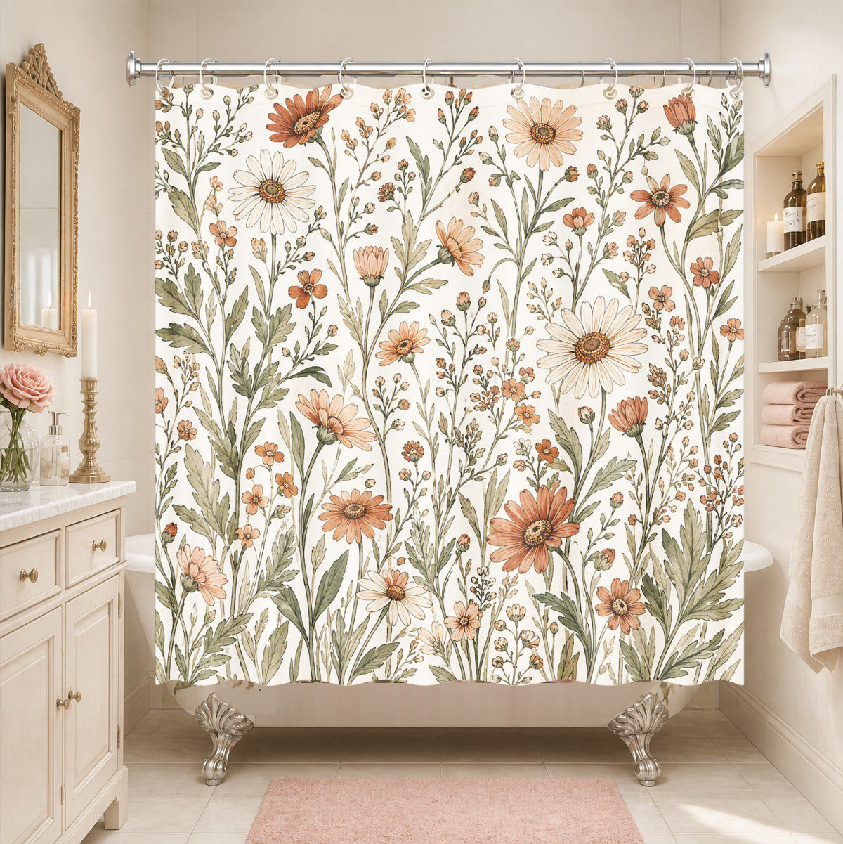 Vintage Botanical Floral Shower Curtain Boho Watercolor Decor
