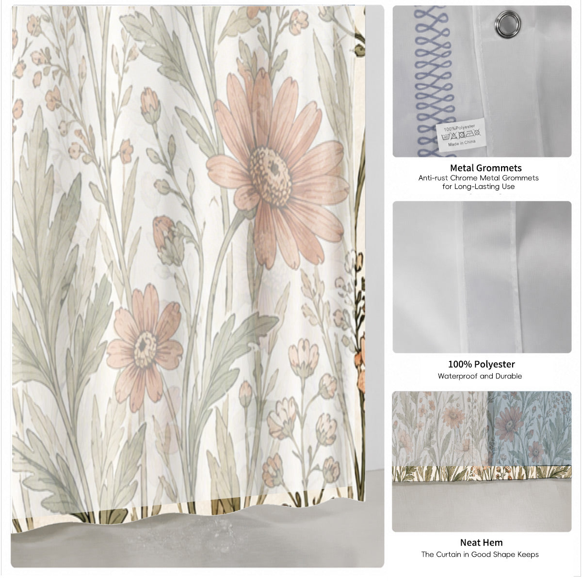 Vintage Botanical Floral Shower Curtain Boho Watercolor Decor