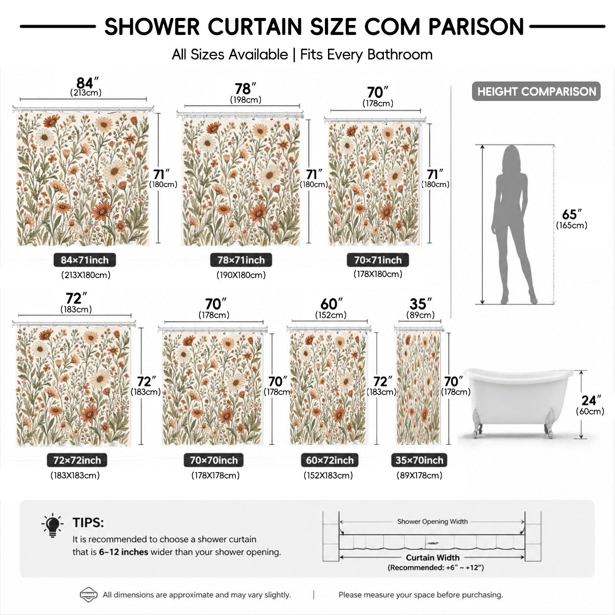Vintage Botanical Floral Shower Curtain Boho Watercolor Decor