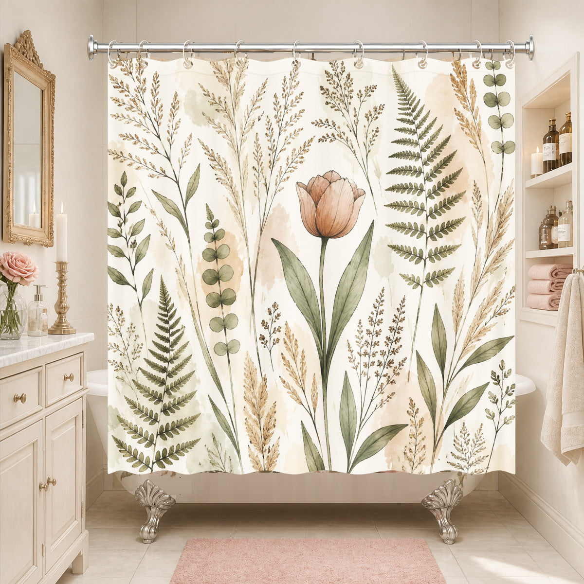 Vintage Botanical Floral Shower Curtain Boho Watercolor Decor